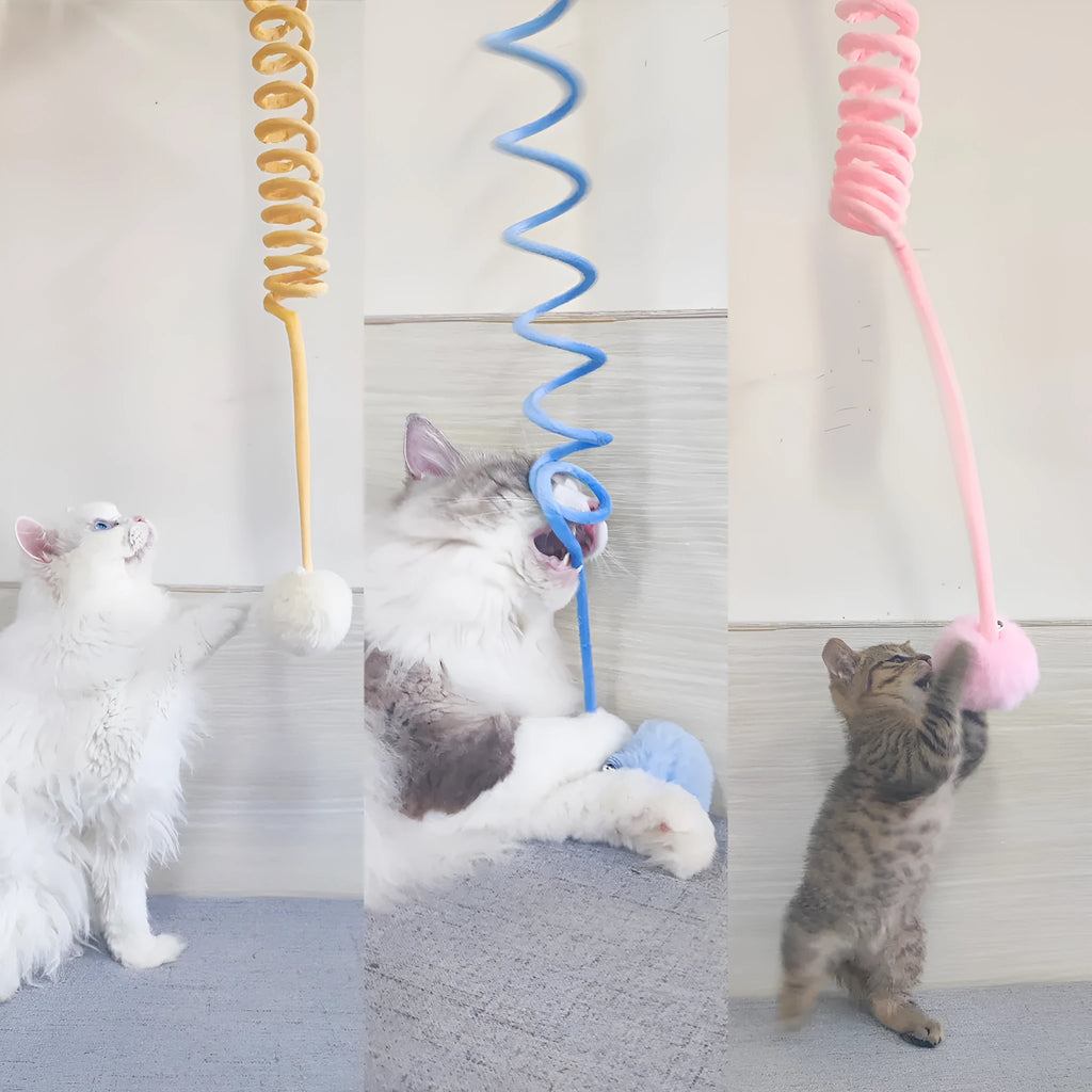 Plush cat toy with spring rabbit hair ball and bell badminton style, interactive funny cat stick for cats
