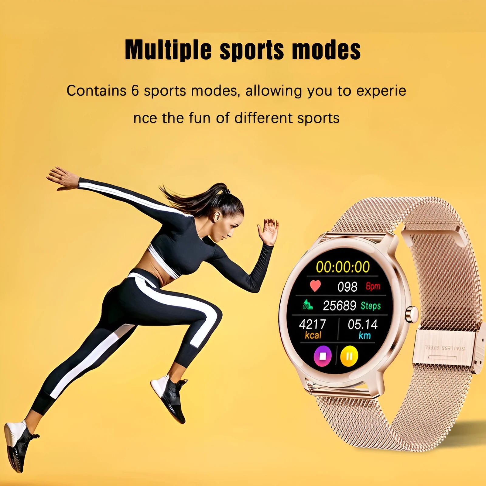 Women's rose gold smart watch with stainless steel mesh bracelet showing 1.3-inch touch screen display