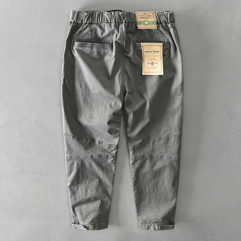 Men's casual cotton overalls with elastic waist in khaki, black, light grey, or army green.