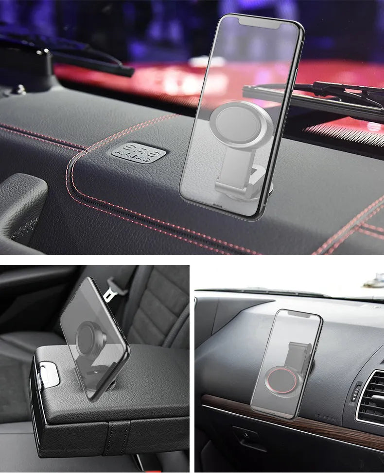 Black 360-degree rotating magnetic car phone holder with extendable arm on dashboard