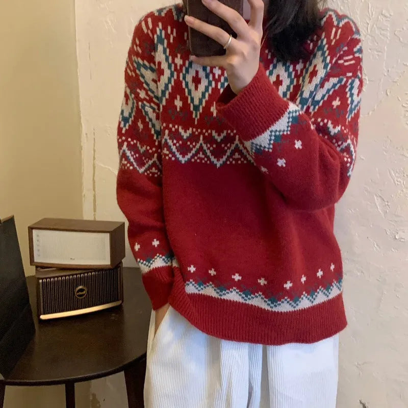 Striped pullover knitted top in loose retro idle style with long sleeves