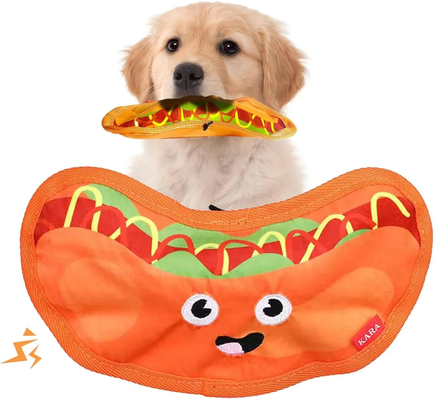 Food-shaped dog chew toys including a hamburger, fries, a hot dog, and a pizza, designed for interactive play with crinkle and squeak sounds.