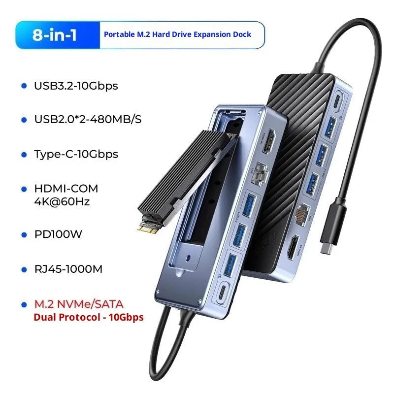 Black 8-in-1 M.2 hard disk box docking station with USB 3.2 expansion, aluminium alloy ABS body and 0.2m cable