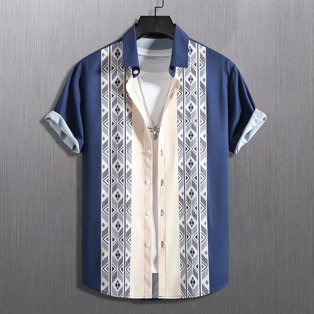 Man wearing a loose fit, short sleeve plaid cardigan shirt with a lapel collar.