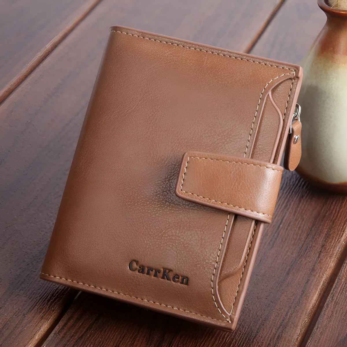 Men's 13842 short PU leather wallet, zip buckle, square vertical, 12.8x9.8x2.5cm, card passport slots