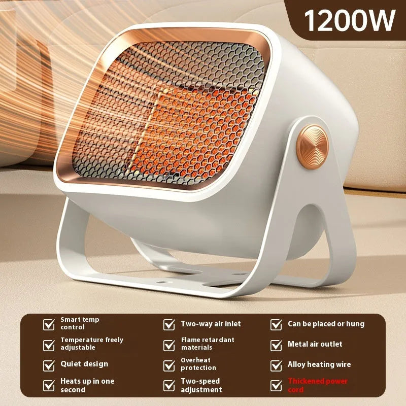 White rotatable desktop PTC ceramic heater showing control buttons and air outlet.