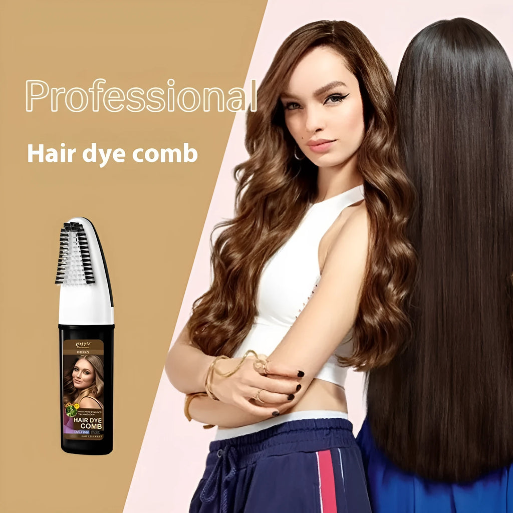 Hair dye kit showing three 200ml tubes in brown, wine red, and dark brown shades with comb applicator