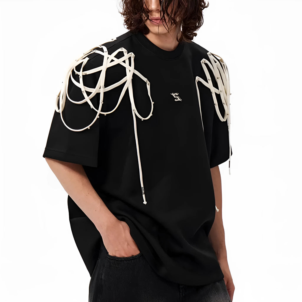 Black loose fit T-shirt with rivet ribbon padded shoulders, short sleeves, round neck
