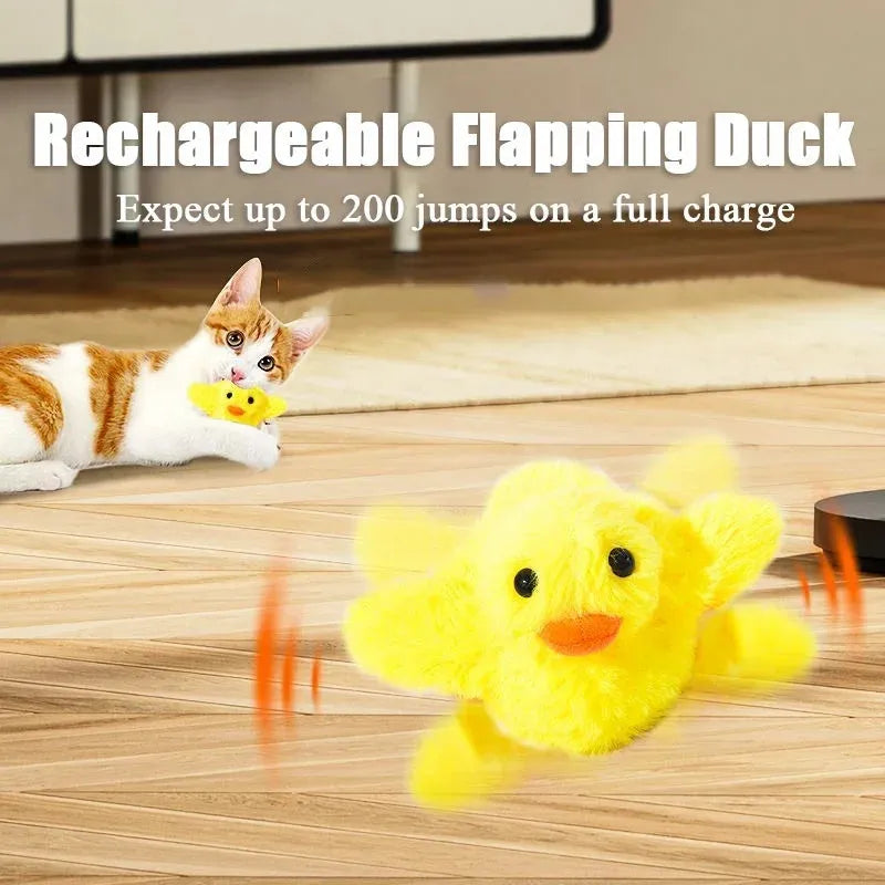 Yellow flapping duck cat toy with USB charging cable on a white background.