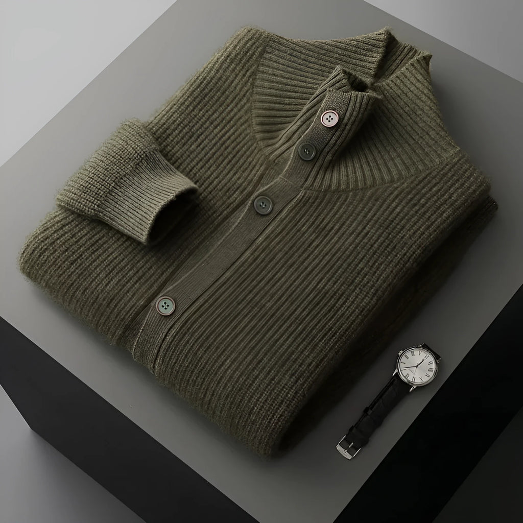 Men's loose fit stand collar cardigan in solid olive green, thickened knit daily outerwear