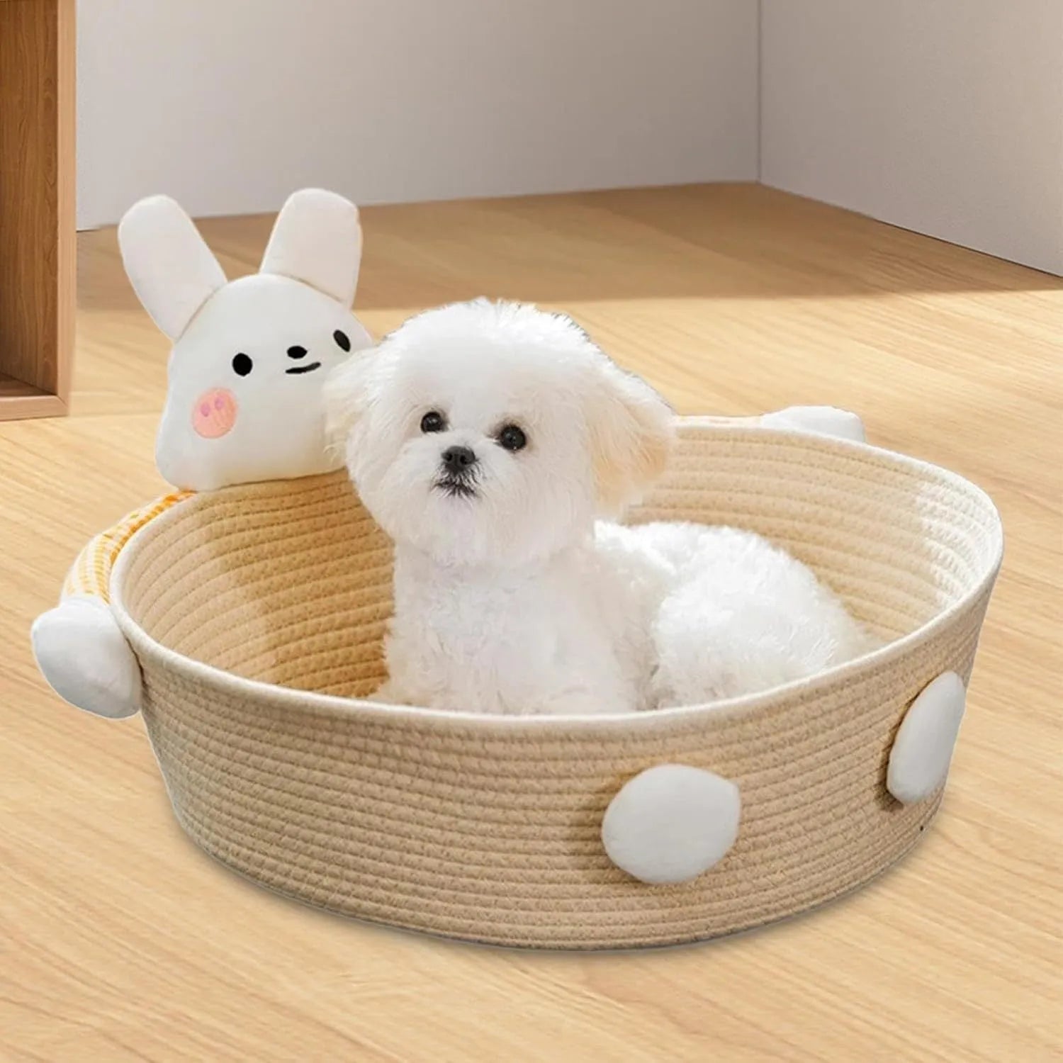 Cotton rope woven cat bed and scratching board in rabbit design showing basket shape with integrated scratching surface