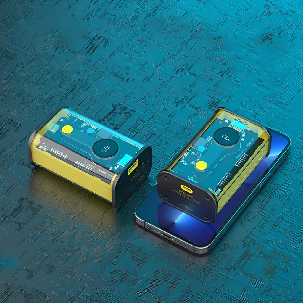 Transparent yellow industrial power bank showing internal aluminum battery case and components