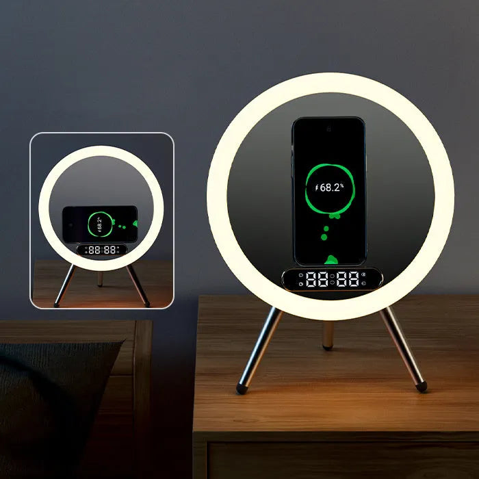 Multi-function LED mirror alarm clock with wireless charger and Bluetooth speaker in white or blue, 210 x 60 x 160mm