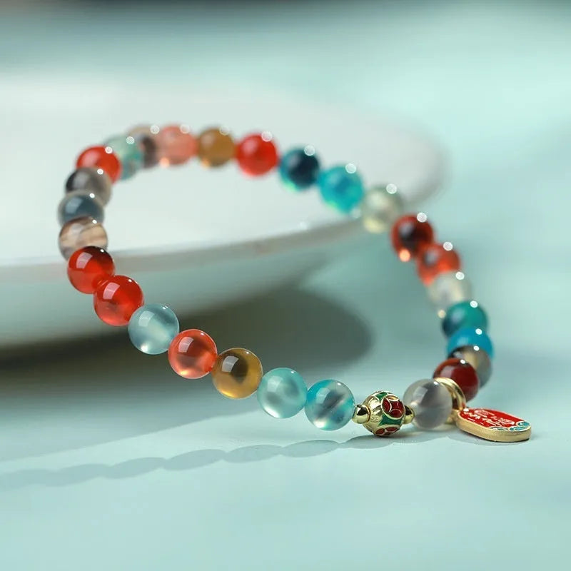 Women's natural agate bracelet with colourful sugar heart glaze and copper coin snake geometric design