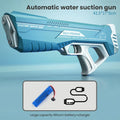 Blue and pink Space Water Gun electric toy with USB charging cable on a blue background.