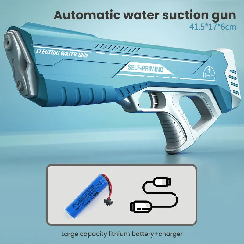 Blue and pink Space Water Gun electric toy with USB charging cable on a blue background.