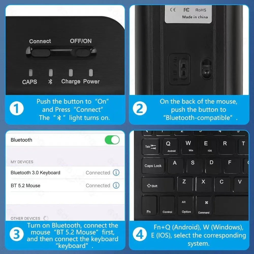 iPad in a black TPU protective case with an attached luminous RGB backlit Bluetooth keyboard, showing the built-in stand.