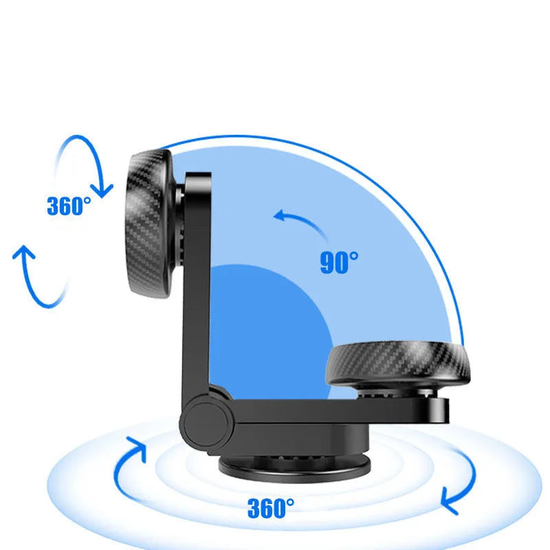 Black 360-degree rotating magnetic car phone holder with extendable arm on dashboard