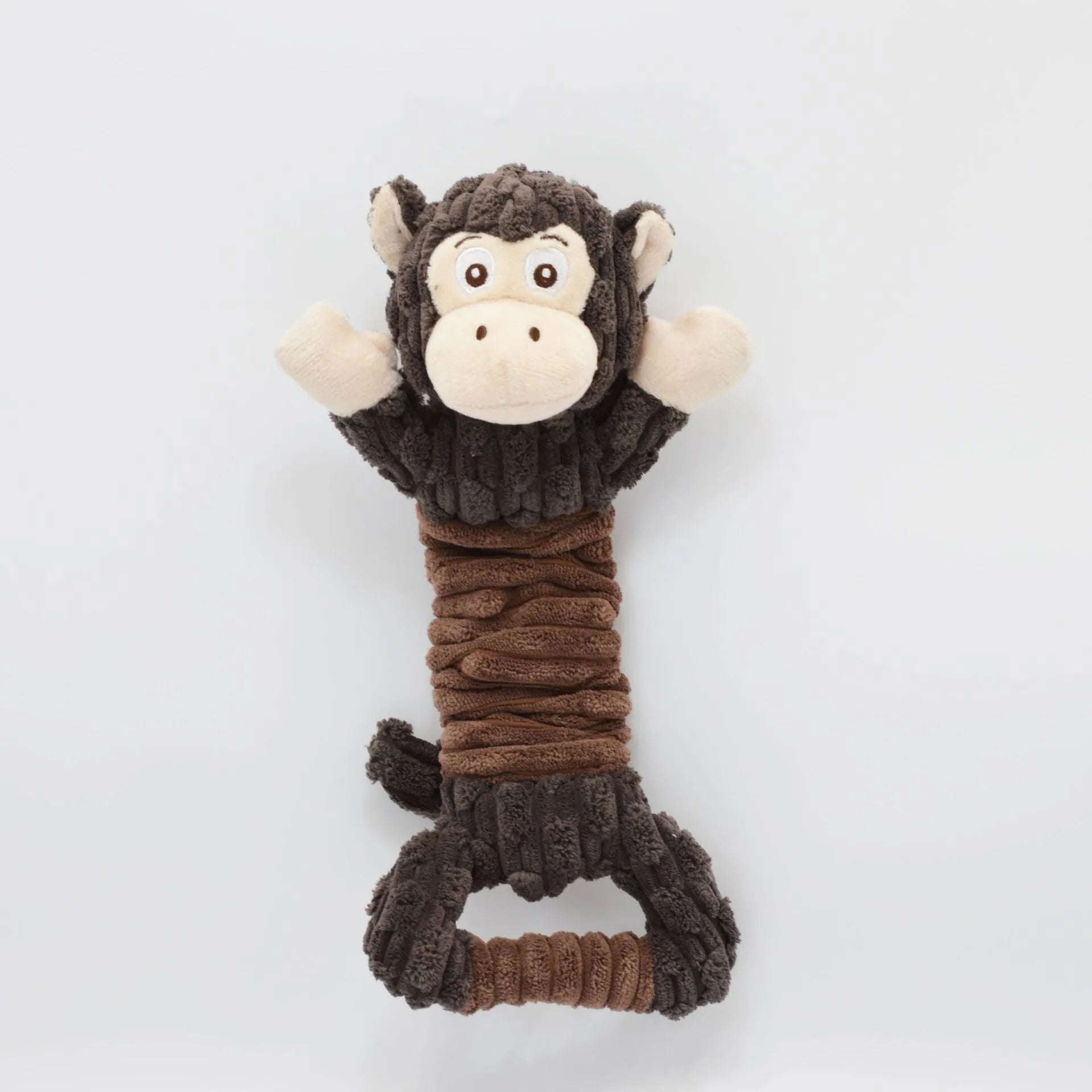 Large squeaky plush dog toy with telescopic body and handle for tug of war play