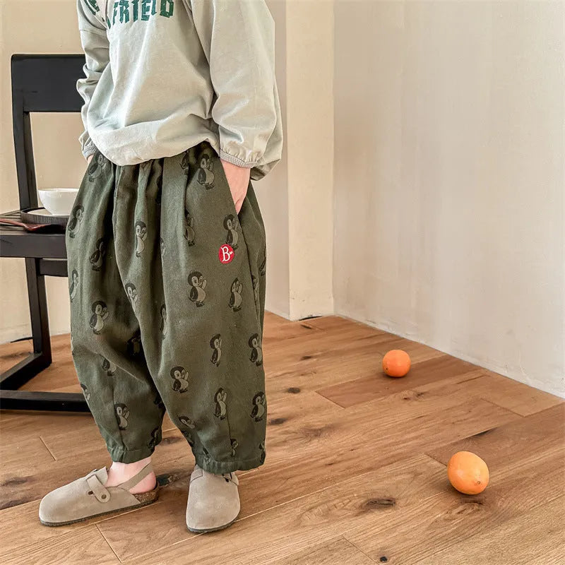 Children's cotton harem pants with cartoon animal print, mid waist and hair band belt, in yellow or army green