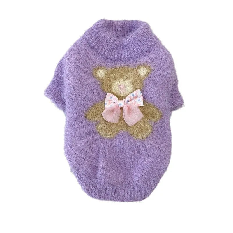 Wool pet sweater with bow tie and bear design in purple, pink, green-blue, or white, sizes XS to XXL.