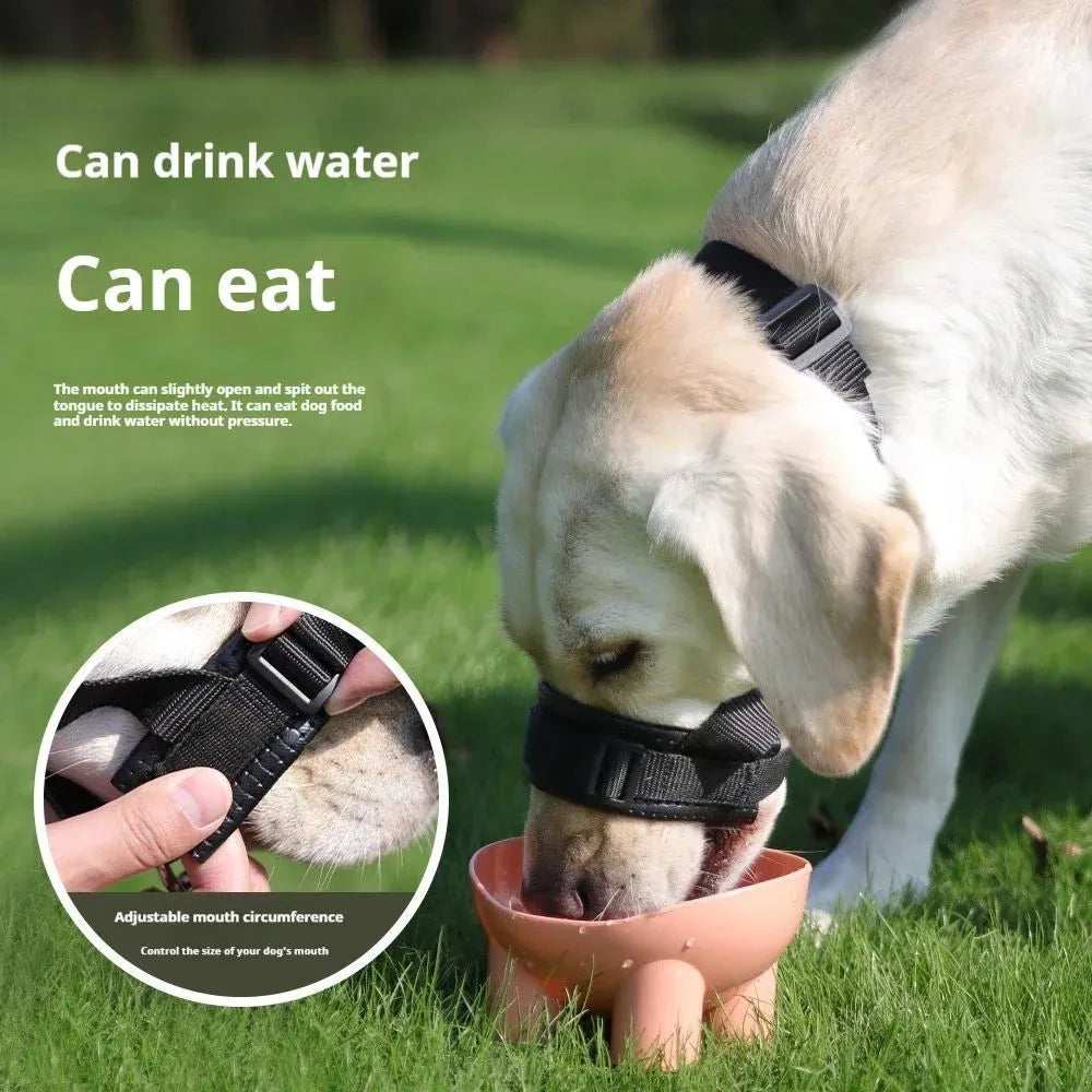 Adjustable dog muzzle with soft foam padding and strap, shown in size S, M, L, or XL.