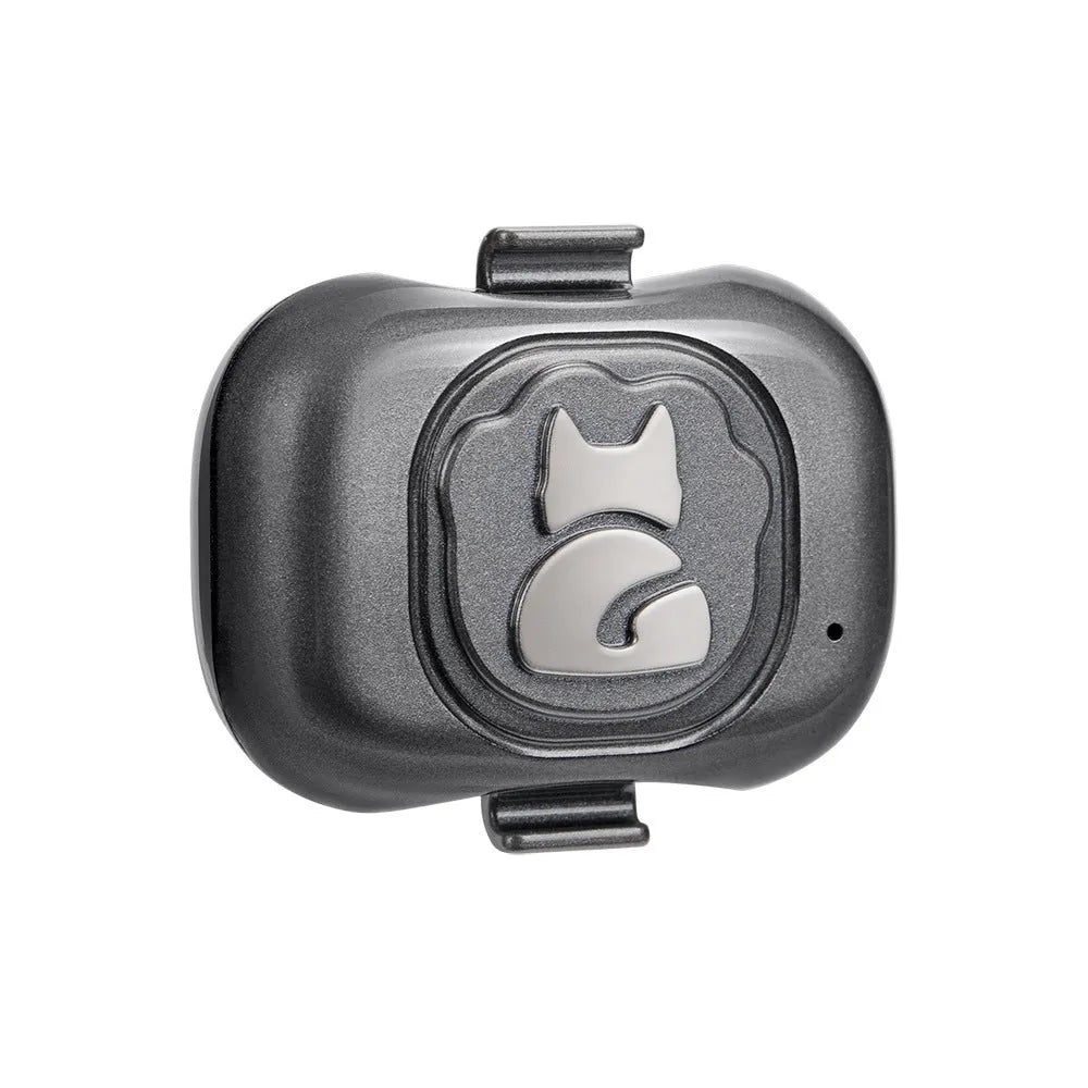 Black ABS pet GPS locator with hanging rope showing data cable connection and waterproof housing for animal tracking