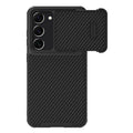 Black Samsung Galaxy S23 Ultra phone case with a sliding lens cover over the camera module.