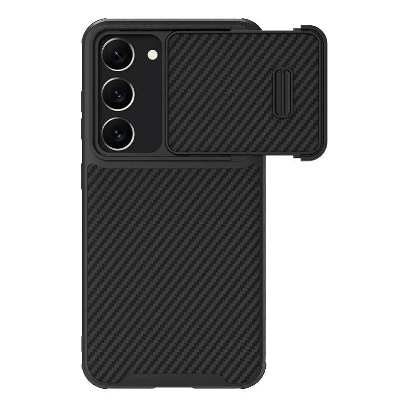 Black Samsung Galaxy S23 Ultra phone case with a sliding lens cover over the camera module.
