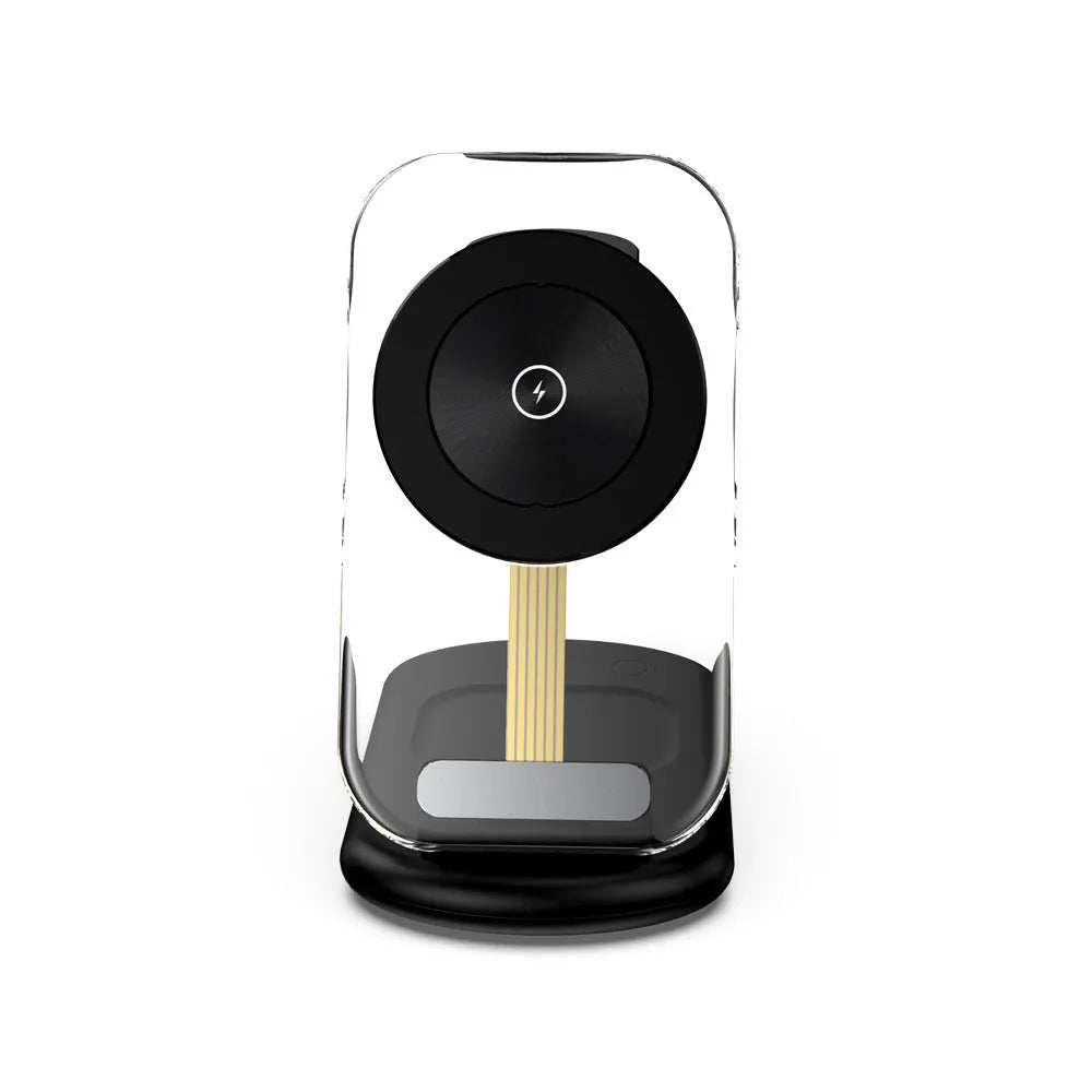 Transparent folding magnetic wireless charger showing internal components and magnetic alignment