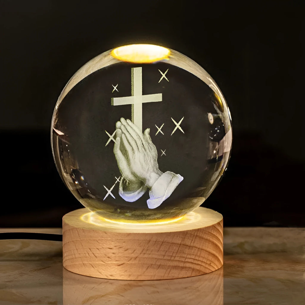 White crystal ball desk ornament with solid wood warm light base showing purity designs