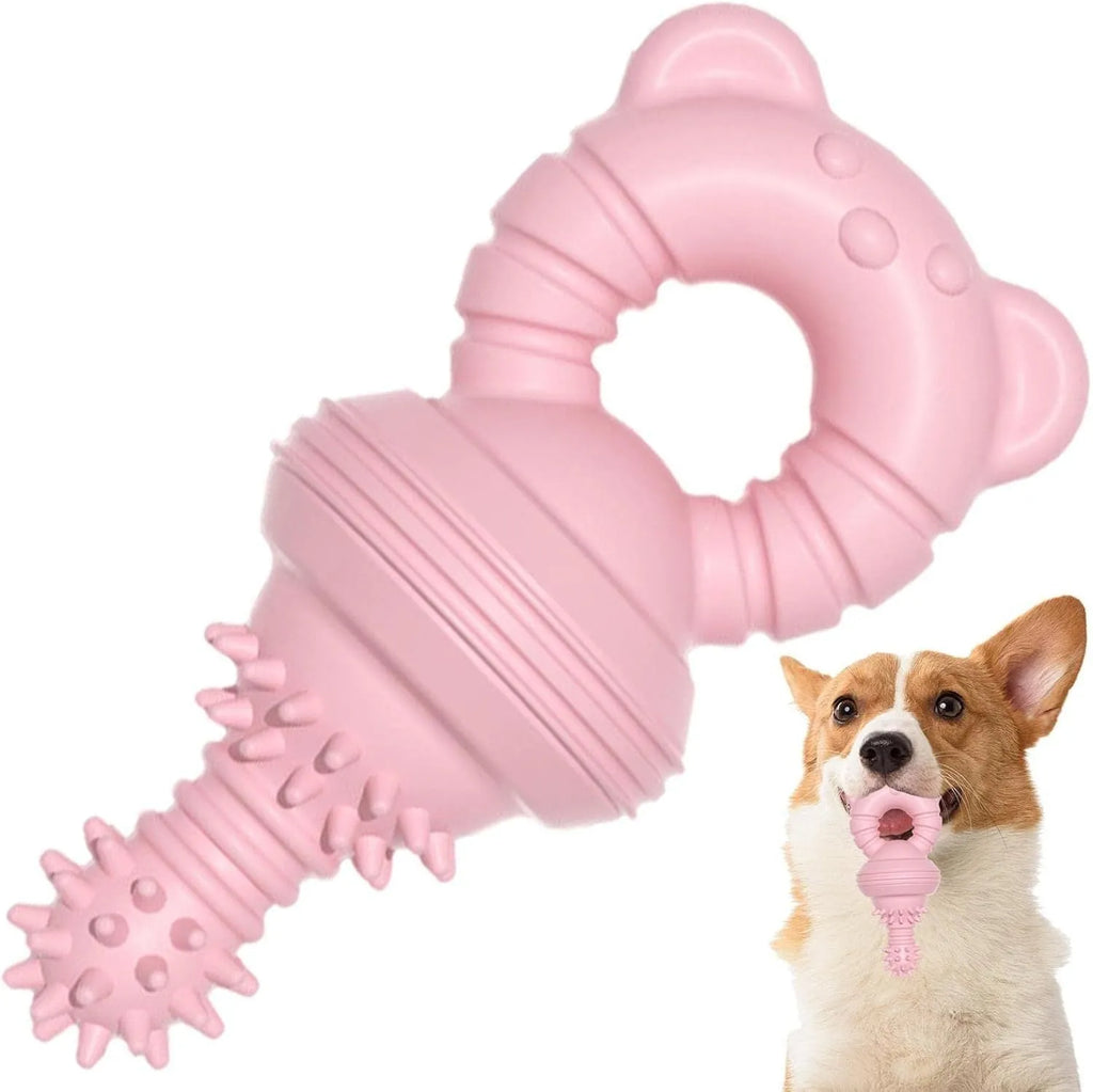 Blue rubber dog chew toy with textured surface and bell feature for teeth cleaning and play
