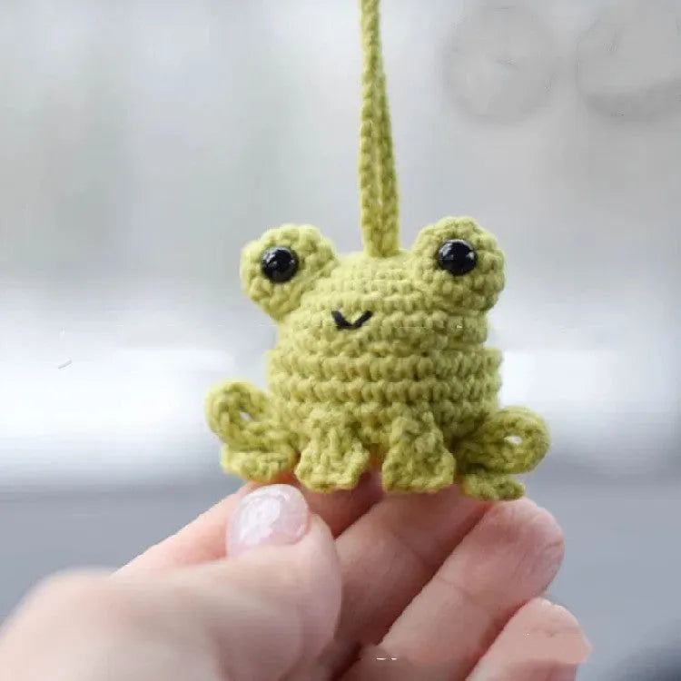 Handmade woven plush frog pendant for car interior in green colour