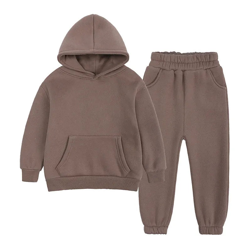 Children's cotton fleece hooded sweatshirt and trousers set in solid colour, sizes 90cm to 160cm
