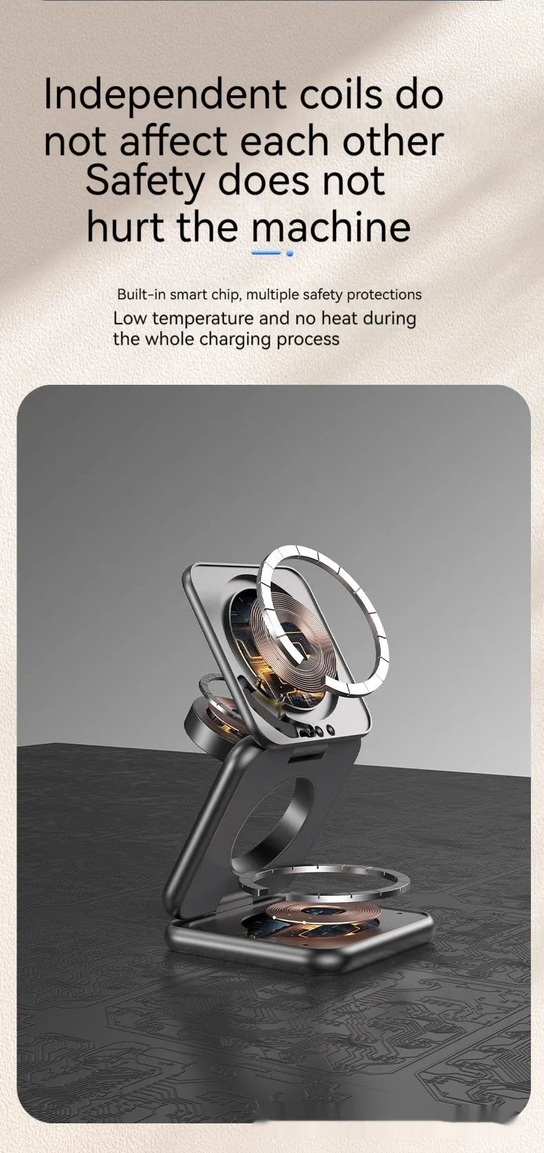 White foldable magnetic wireless charging phone holder showing adjustable stand with phone attached