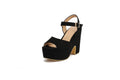 Women's black suede platform sandals with an ankle strap and open toe design on a size 39 shoe