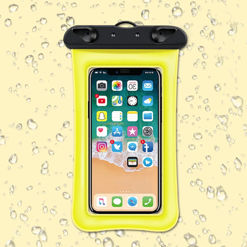 Orange double airbag waterproof mobile phone pouch with 45cm black neck rope.