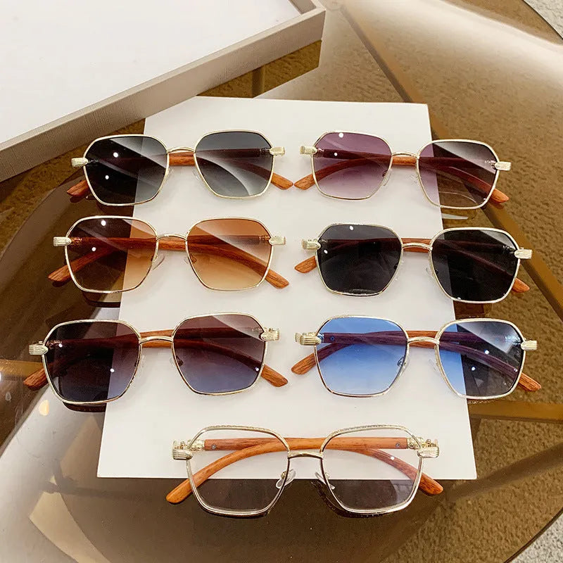 Women's frameless alloy glasses with gold frame and wood grain pattern in various lens colours for fashion and cycling