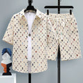 Men's casual polyester short sleeve top and matching shorts two-piece set on a hanger