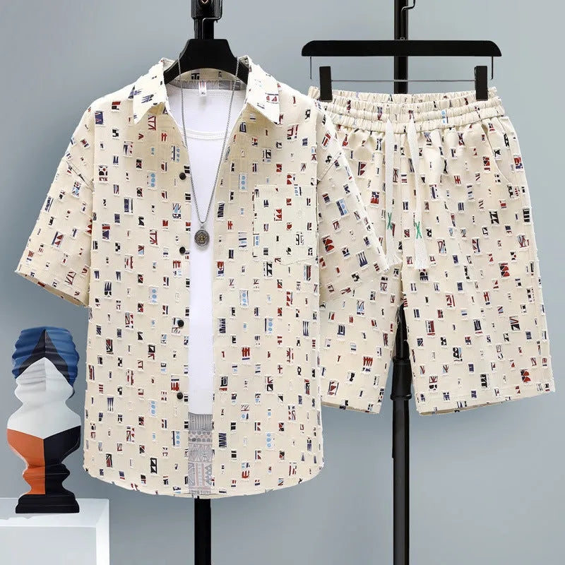 Men's casual polyester short sleeve top and matching shorts two-piece set on a hanger