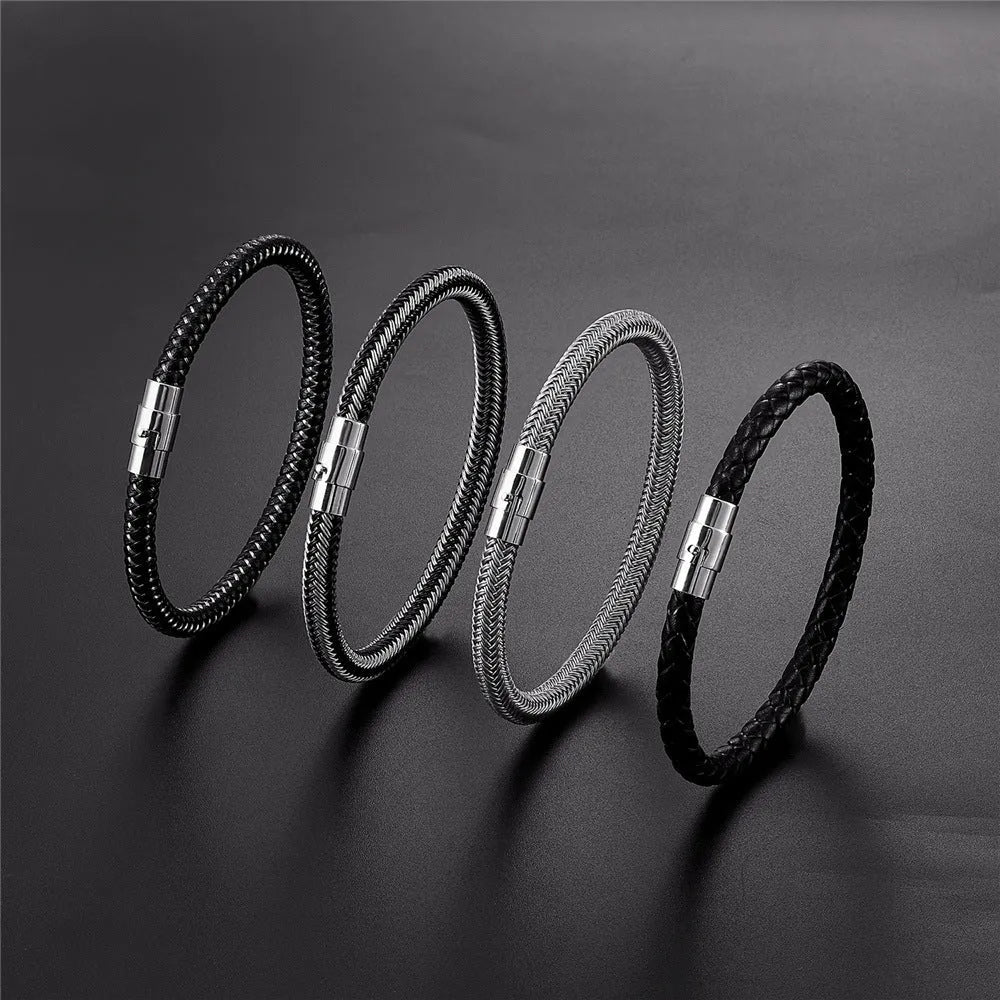 Geometric titanium steel wire bracelet with magnetic closure in silver tone
