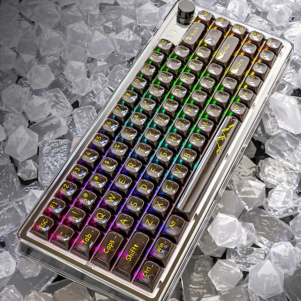 Attack Shark K75 transparent wireless mechanical keyboard with RGB lighting on black background