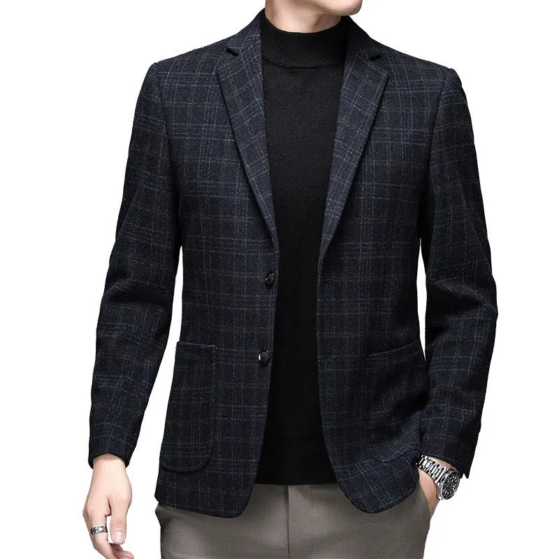 Men's solid colour woolen winter jacket with round hem and long sleeves in loose fit