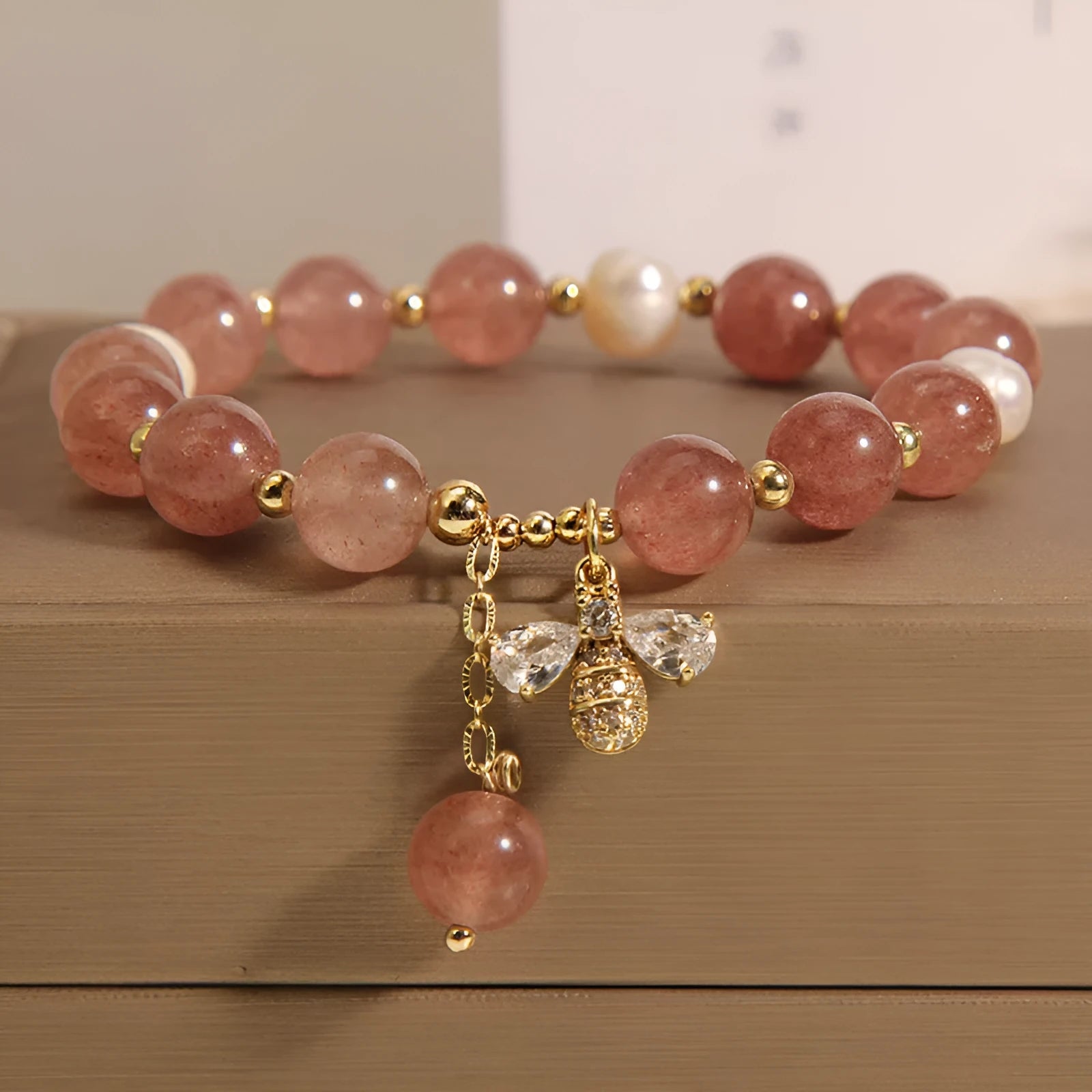 Women's strawberry quartz and freshwater pearl bracelet with zircon accents and alloy clasp