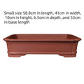 Large rectangular handmade purple clay flowerpot shown in three available sizes for bonsai and gardening