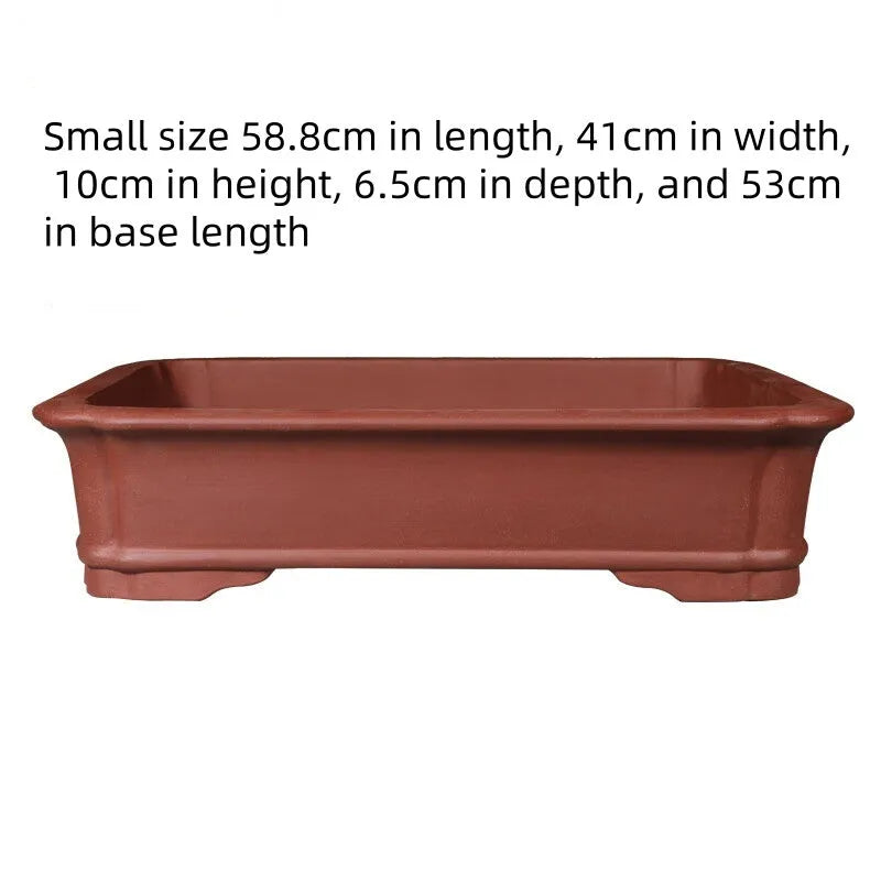 Large rectangular handmade purple clay flowerpot shown in three available sizes for bonsai and gardening