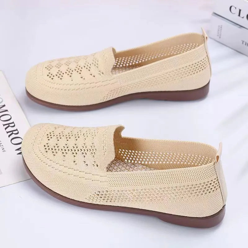Women's beige anti-skid tennis shoes with mesh uppers and PVC soles for wide feet