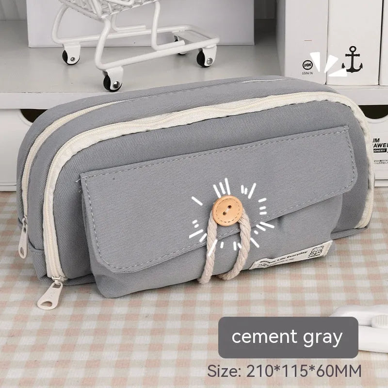 Korean-style canvas pencil case in green with capacity for approximately 80 pens