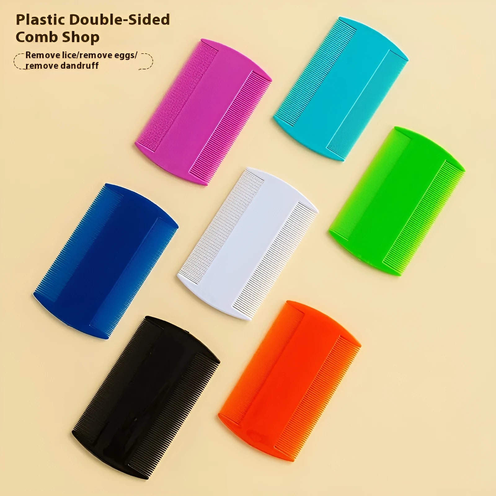 Double-edged fine-toothed plastic lice comb in assorted colours on white background