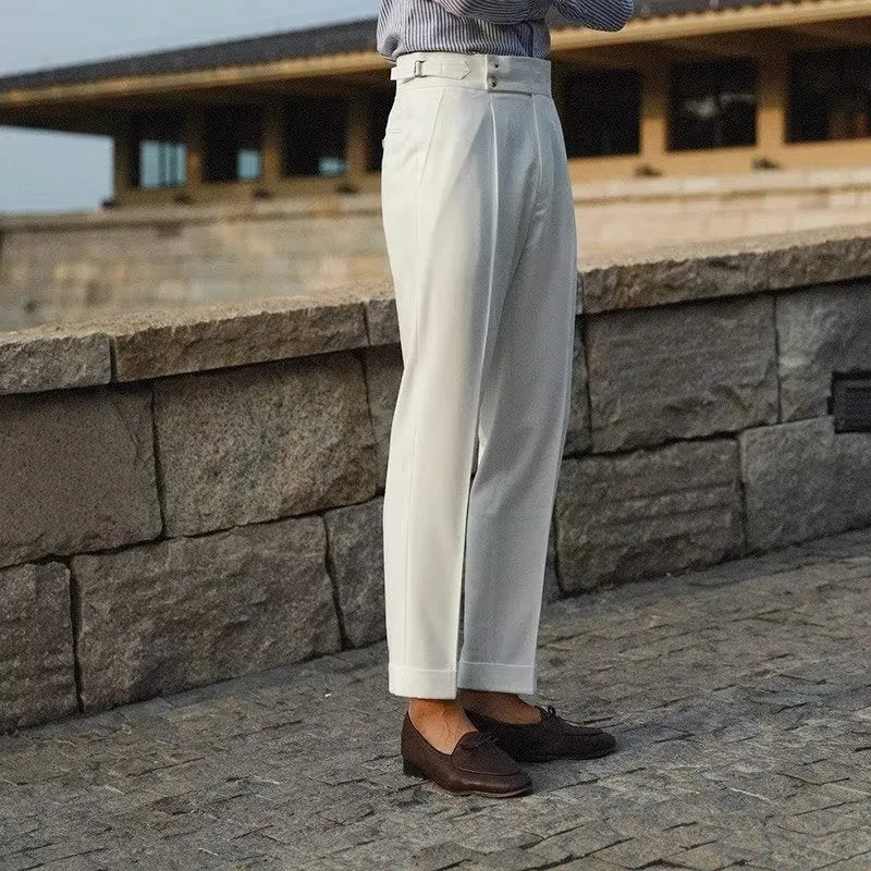 Men's slim-fit formal trousers in polyester-blend fabric available in black, white and apricot colours